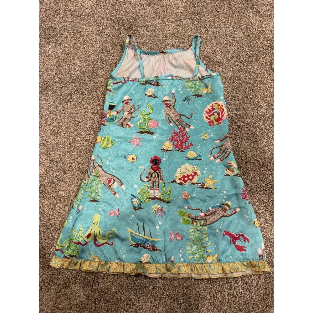 Y2K Nick And Nora Girls Satin Blue Nightgown Aquatic Sock Monkey Mermaid Fish 6X
